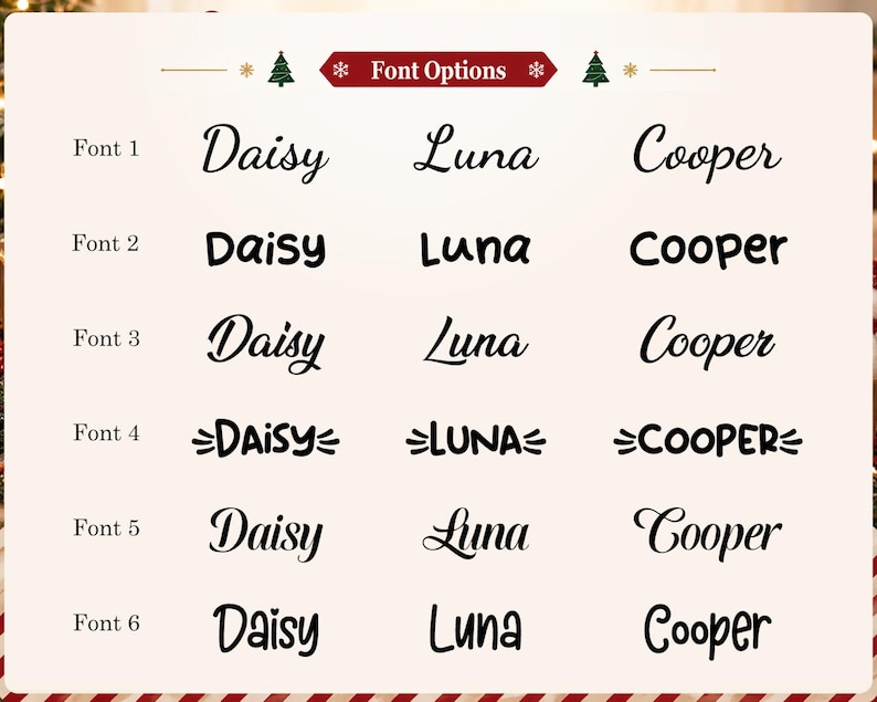 May include: A chart titled Font Options displays six rows of text, each showing the names Daisy, Luna, and Cooper in different black typefaces. The header features small green Christmas tree icons and red accents on a light background.