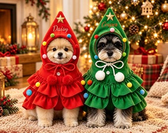 Christmas Dog Costume, Pet Christmas Tree Cape, Cat Holiday Outfit, Red Green Hooded Pet Cloak, Xmas Puppy Clothes, Festive Pet Costume