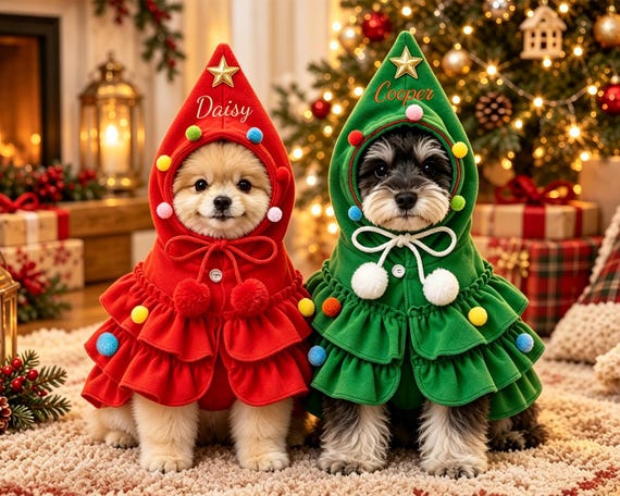 Christmas Dog Costume, Pet Christmas Tree Cape, Cat Holiday Outfit, Red Green Hooded Pet Cloak, Xmas Puppy Clothes, Festive Pet Costume