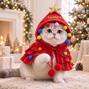 May include: A light-colored cat wearing a red hooded cape with ruffled layers, colorful pom-poms, a gold star on top, and the name Luna embroidered in gold thread. The cape features a drawstring with two large red pom-poms at the ends.