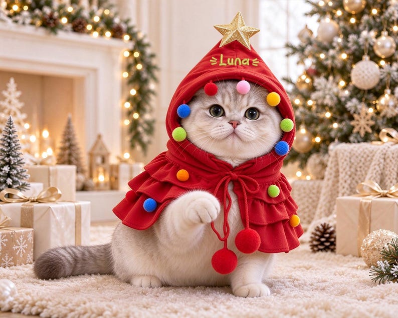 May include: A light-colored cat wearing a red hooded cape with ruffled layers, colorful pom-poms, a gold star on top, and the name Luna embroidered in gold thread. The cape features a drawstring with two large red pom-poms at the ends.