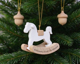 Personalized Rocking Horse Ornament, Baby's First Christmas Keepsake with Custom Name Engraving, Wooden Tree Decoration