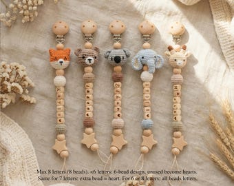 May include: Five pacifier clips featuring wooden beads, star-shaped wooden charms, and crocheted animal heads including a fox, bear, koala, elephant, and giraffe. Each clip has personalized wooden letter beads spelling names. Text: Max 8 letters (8 beads). <6 letters: 6-bead design, unused become hearts. Same for 7 letters: extra bead = heart. For 6 or 8 letters: all beads letters.
