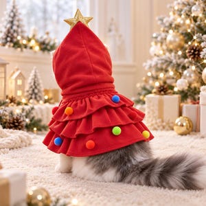 May include: A red hooded pet cape featuring tiered ruffles and a gold star topper. The cape is decorated with small, colorful pom-poms in blue, orange, yellow, and green, designed to resemble a Christmas tree for a cat or small animal.