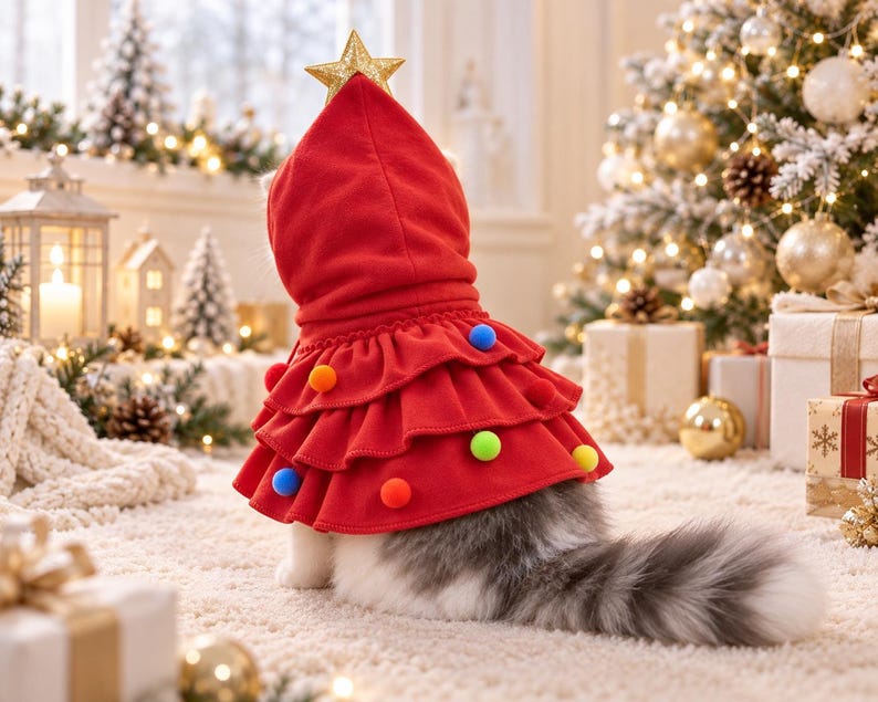 May include: A red hooded pet cape featuring tiered ruffles and a gold star topper. The cape is decorated with small, colorful pom-poms in blue, orange, yellow, and green, designed to resemble a Christmas tree for a cat or small animal.