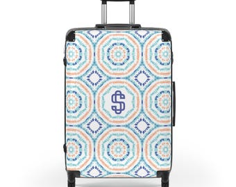Blue Geometric Tile Monogram Suitcase | Luggage with Initial
