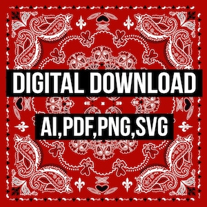 May include: A red bandana pattern featuring white paisley and floral motifs. Two black horizontal bars overlay the center with white text reading DIGITAL DOWNLOAD and AI, PDF, PNG, SVG. The design includes symmetrical decorative elements.