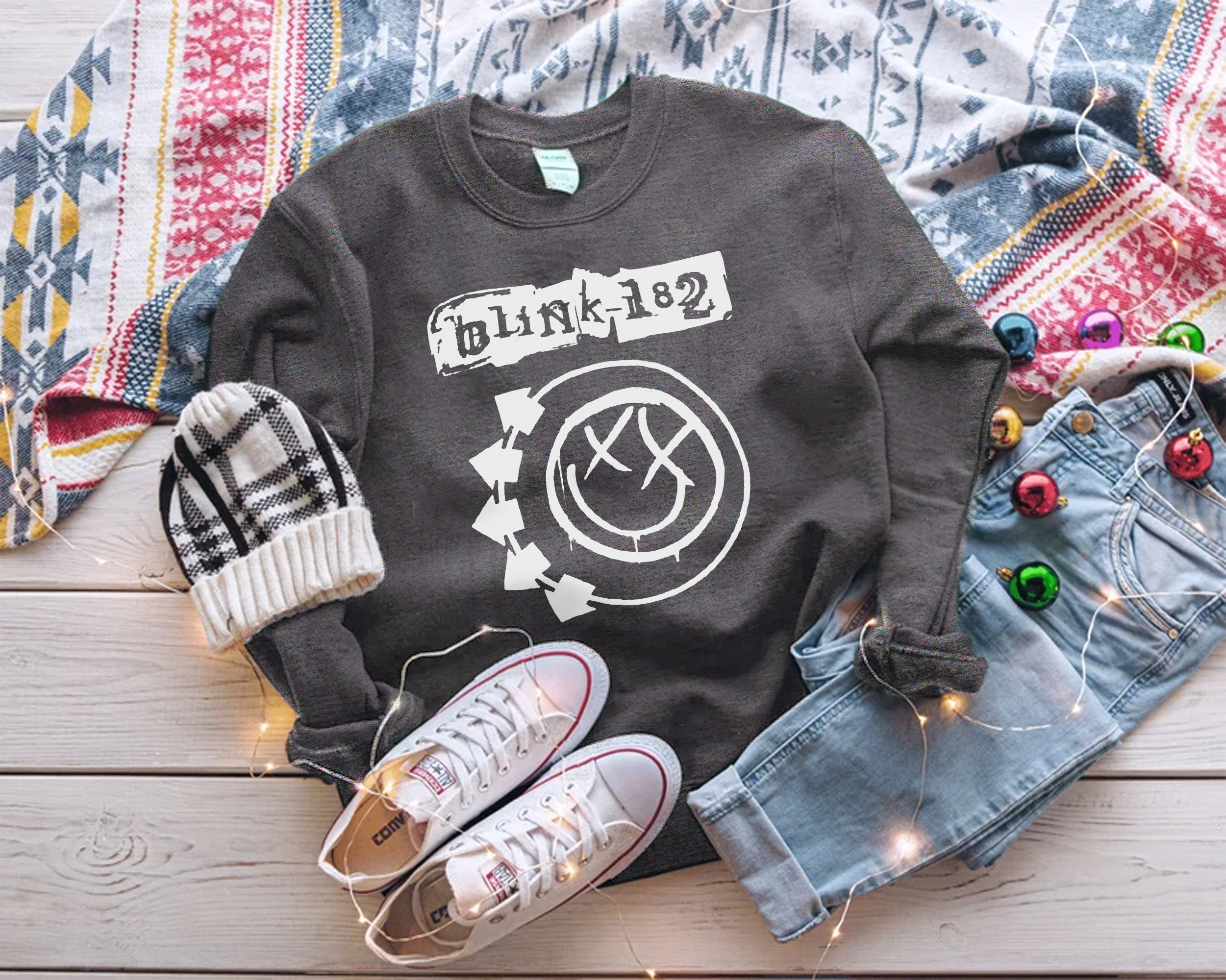 Discover Blink Rock Band Graphic 182 Sweatshirt | Smiley Shirt Face BlinksSweatshirt