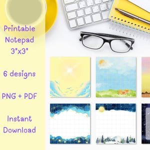 May include: Six printable notepads, each 7.6cm x 7.6cm, with watercolour landscape designs. Designs include sunny skies, rolling hills, and starry nights. The image also shows a keyboard, glasses, and a notepad.