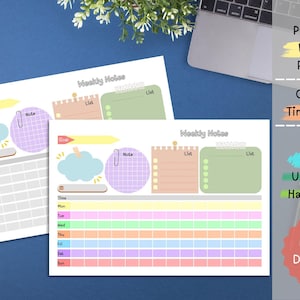 Peut inclure: Deux feuilles de planificateur hebdomadaire imprimables avec des blocs de temps colorés, des graphiques de nuages et de notes. Le planificateur comprend un espace pour les objectifs, les notes et une liste. Disponible en formats A4, A5, US Letter et Half Letter.