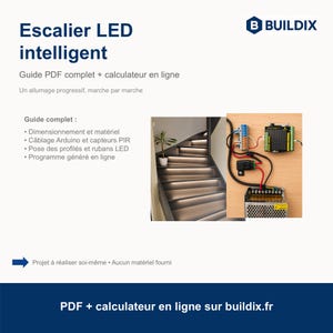 May include: An instructional guide for an intelligent LED staircase system by BUILDIX. It features a staircase with illuminated steps, an Arduino controller, and a power supply unit. The text includes details on PDF guides, online calculators, and wiring.
