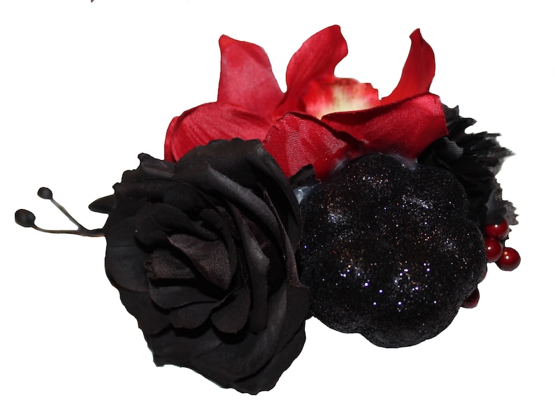 Halloween Black Glitter Pumpkin and Berry Hair Flower