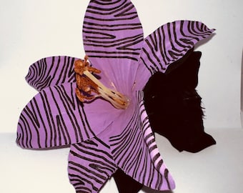 Handgeschilderde zebraprint dubbele lelie en orchidee haarbloem - lila