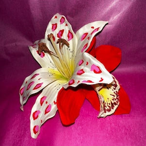 Hand Painted Leopard Print Double Lily and Orchid Pink/Red Hair Flower