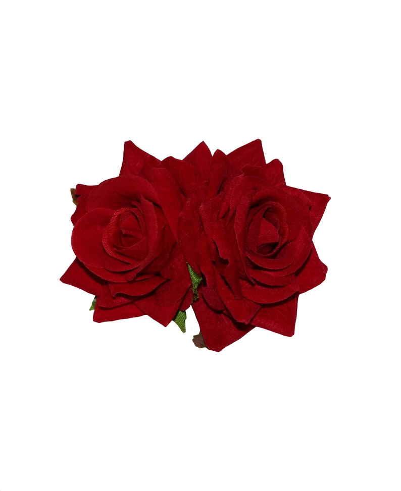 May include: Two red velvet roses with green stems and leaves.