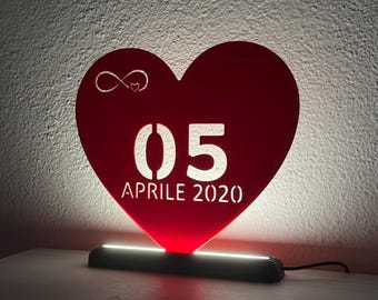 Personalized Date LED Lamp, Custom Heart Night Light, Anniversary Gift, 3D Printed Love Lamp, Valentine Gift for Her