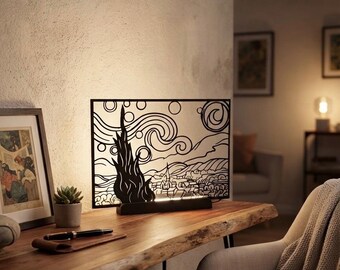 Starry Night Silhouette LED Lamp, Van Gogh Art, 3D Printed Desk Light
