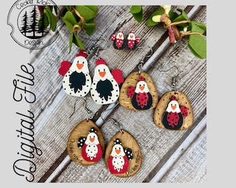 Whimsical Chicken Mama Earrings/SVG/LASER cut/ DIGITAL/Whimsical Chicken Drop Earrings/Winter Earrings/Glowforge Ready/Lightburn Tested