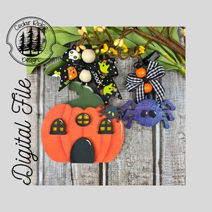 May include: A Halloween-themed digital file featuring an orange pumpkin house with windows, a purple glitter spider, and decorative bows with ghost and spider accents. The image includes the text "Digital File" and a logo.