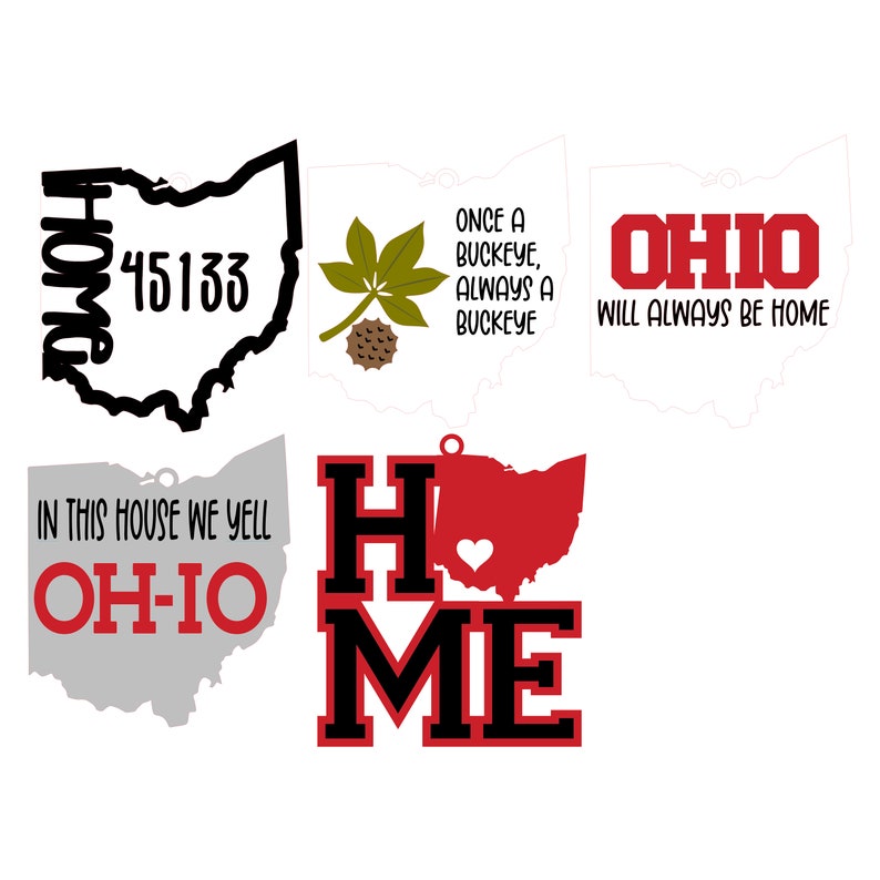 May include: Four different designs featuring the state of Ohio. The first design is a black outline of the state with the words "Home" and "45133" inside. The second design is a green buckeye leaf with a brown buckeye nut. The third design is a white outline of the state with the words "Ohio Will Always Be Home" in red. The fourth design is a red outline of the state with a heart in the centre and the words "Home" in black.