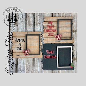 Può includere: Tre cornici per foto in legno con un design in legno rustico. Le cornici sono decorate con bastoncini di zucchero rosso e bianco e il testo "Santa & Me", "Il mio primo Natale 2022" e "Natale in famiglia".