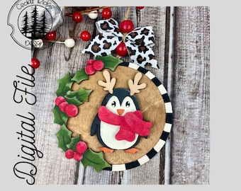Christmas Penguin Ornament/SVG/LASER cut/ DIGITAL/Gift Tag/Christmas Holly & Berries/Christmas Ornament/Lightburn tested/Glowforge Ready