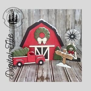 SVG/ LASER cut/ DIGITAL/Christmas Barn Shelf Sitter Scene/Christmas Truck/Christmas Shelf Sitter/Glowforge Tested/Glowforge Ready