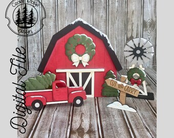 May include: A festive Christmas-themed diorama featuring a red barn with a green wreath and a white bow. A red pickup truck carries a Christmas tree. A sign reads "Cut and Carry". The image includes a windmill and the text "Digital File".