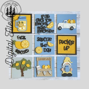 May include: Six wooden signs with a summer lemonade theme. The signs feature lemons, mason jars, a lemonade stand, a truck, a gnome, and text that says "Fresh Squeezed", "If life gives you lemons make lemonade", "Squeeze the day", "Pucker Up", and "Lemonade".