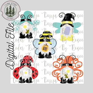 May include: Digital file featuring five whimsical gnome illustrations. Each gnome is dressed as a different insect, including a butterfly, bee, and ladybug. The gnomes hold flowers and clovers, with the text "Digital File" and "Cedar Ridge Design" visible.