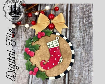 Christmas Stocking Ornament/SVG/LASER cut/ DIGITAL/Gift Tag/Christmas Holly & Berries/Christmas Ornament/Lightburn tested/Glowforge Ready
