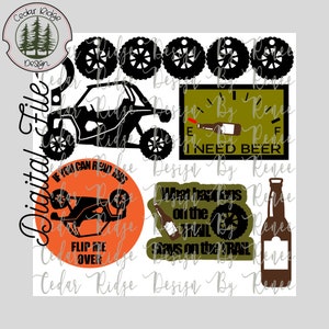 Op de afbeelding: Een set van acht zwart-witte digitale snijbestanden met een side-by-side ATV, vier bandenontwerpen, een brandstofmeter met de tekst "Ik heb bier nodig", een ronde oranje cirkel met de tekst "Als je dit kunt lezen, draai me dan om", een fles bier en een ronde groene cirkel met de tekst "Wat er op de trail gebeurt, blijft op de trail".