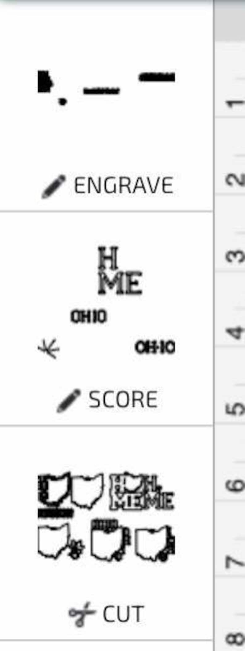 May include: A digital design showing a variety of ways to cut and engrave a design featuring the word "HOME" and the state of Ohio. The design includes the words "HOME" and "OHIO" in a stylised font. The design also includes a silhouette of the state of Ohio. The design can be engraved, scored, or cut.