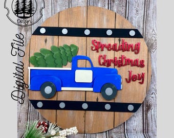 SVG/LASER cut/DIGITAL/Christmas Vintage Truck Farmhouse Sign/Mock Barrel Head Porch Sign/Farmhouse Decor/Glowforge Tested/Lightburn Tested
