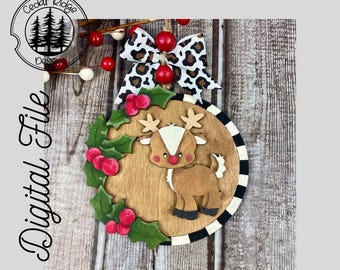 Christmas Reindeer Ornament/SVG/LASER cut/ DIGITAL/Gift Tag/Christmas Holly & Berries/Christmas Ornament/Lightburn tested/Glowforge Ready