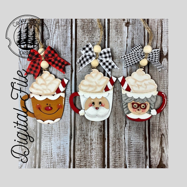 Hot Cocoa Ornament/Gingerbread Mr and Mrs Claus Ornament set/SVG/ LASER cut/ DIGITAL/Christmas Ornament/Bag tag/Car Charm/Glowforge Tested