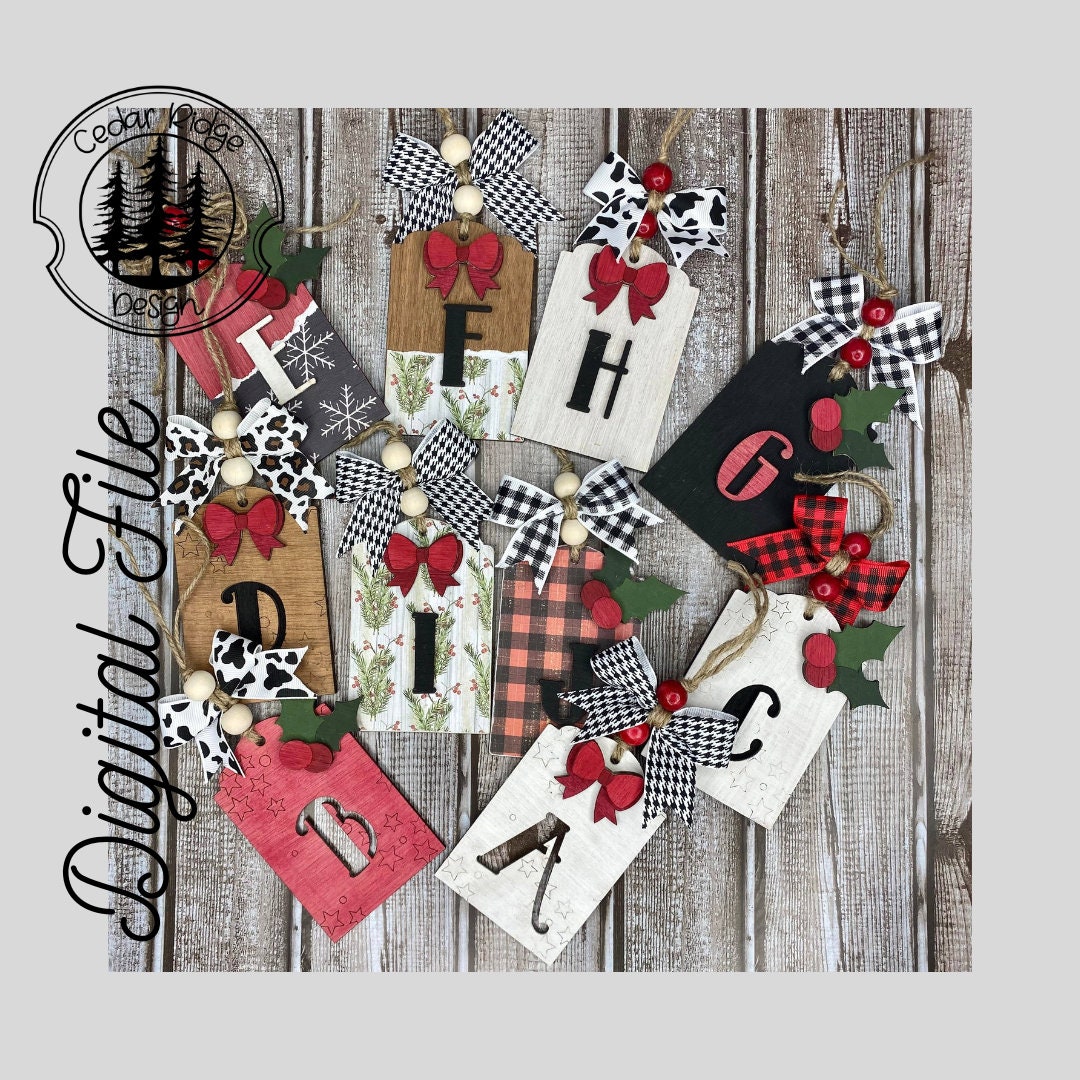 SVG/ LASER cut/ DIGITAL/Tag Monogram Ornament Set Scored Star Background/Christmas Ornament/Bag tag/Car Charm/Glowforge Tested