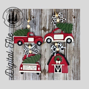 SVG/ LASER cut/ DIGITAL/Farmhouse Ornament Set/Red Truck Barn/Christmas Ornament/Bogg charm/Car Charm/Glowforge Tested/Glowforge Ready