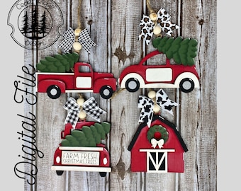SVG/ LASER cut/ DIGITAL/Farmhouse Ornament Set/Red Truck Barn/Christmas Ornament/Bogg charm/Car Charm/Glowforge Tested/Glowforge Ready