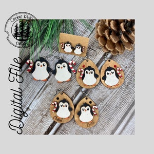 Penguin with Candy Cane Earring/Winter Christmas Earring/SVG/LASER cut/DIGITAL/Drop Earrings Stud Earrings/Glowforge Ready/Lightburn Tested