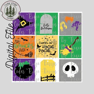 May include: Nine printable Halloween-themed gift tags with various designs. The tags feature a witch's hat, a tombstone, a broom, a cauldron, a skull, and a raven. The text on the tags includes "Zero Tricks Given", "A Bunch of Hocus Pocus", and "Billy Butchererson".