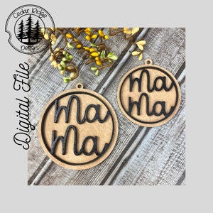 May include: Two wooden ornaments with the word "Mama" written in black script on each. The ornaments are round and have a rustic wood grain.
