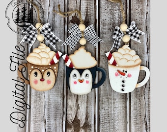 Hot Cocoa Ornament/Penguin Snowman Reindeer Ornament set/SVG/ LASER cut/ DIGITAL/Christmas Ornament/Bag tag/Car Charm/Glowforge Tested