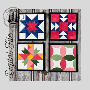 May include: Four square wooden signs with different quilt block patterns. The signs are painted in red, pink, green, blue, white and yellow. The signs have black frames.