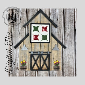 Peut inclure: Une décoration murale en bois en forme de grange avec un motif de bloc de courtepointe rouge et vert, une porte de grange noire et deux jardinières avec des fleurs jaunes. La grange est sur un fond de bois vieilli.