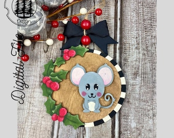 Whimsical Mouse Ornament/SVG/LASER cut/ DIGITAL/Gift Tag/Christmas Holly & Berries/Christmas Ornament/Lightburn tested/Glowforge Ready