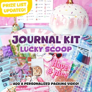 May include: A journal kit lucky scoop featuring a ceramic cupcake container, a prize list, and various stationery items including stickers, patterned paper, a gingham bow, heart-shaped cutouts, and cards with text like Have a nice day.