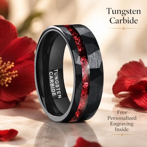 Black Hammered Tungsten Band – Silver Crushed Red Ruby Inlay, 8mm Comfort Fit Ring