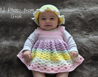 Handgemachtes gehäkeltes Baby Set, Kleid & Mütze, Pastellfarbener Regenbogen, 3-6 Monate