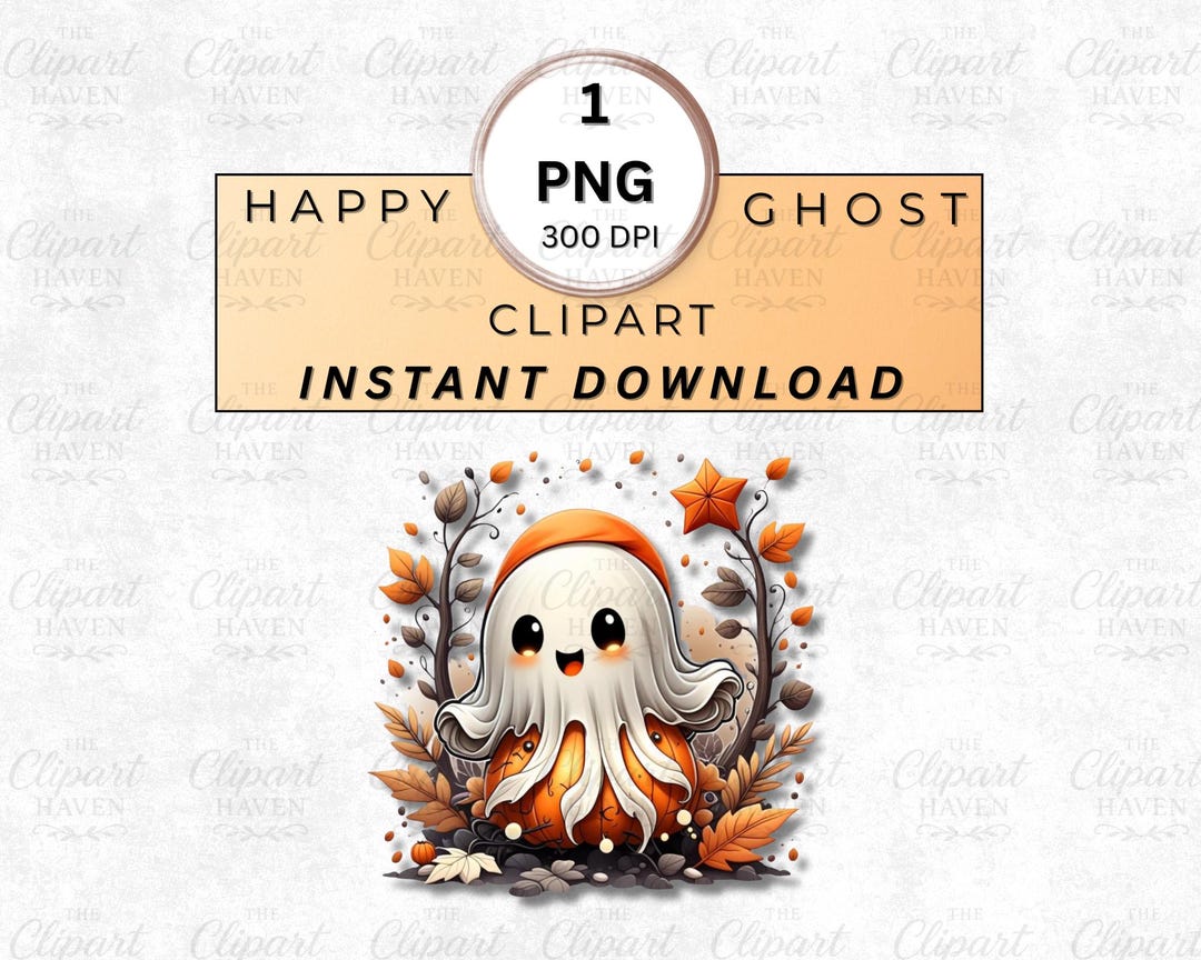 Happy Ghost Clipart | Cute Halloween Ghost With Pumpkin & Leaves